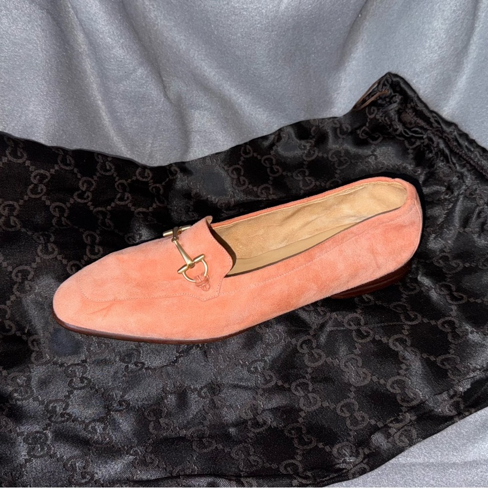 VTG GUCCI Pastel Pink Gold Tone Horsebit Suede Soft Loafers 37 7